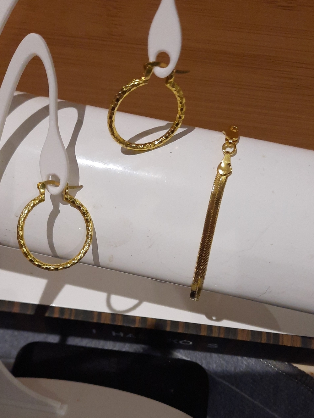 14K YELLOW GOLD OVER STAINLESS STEEL HERRINGBONE BRACELET & DIAMOND CUT EARRINGS